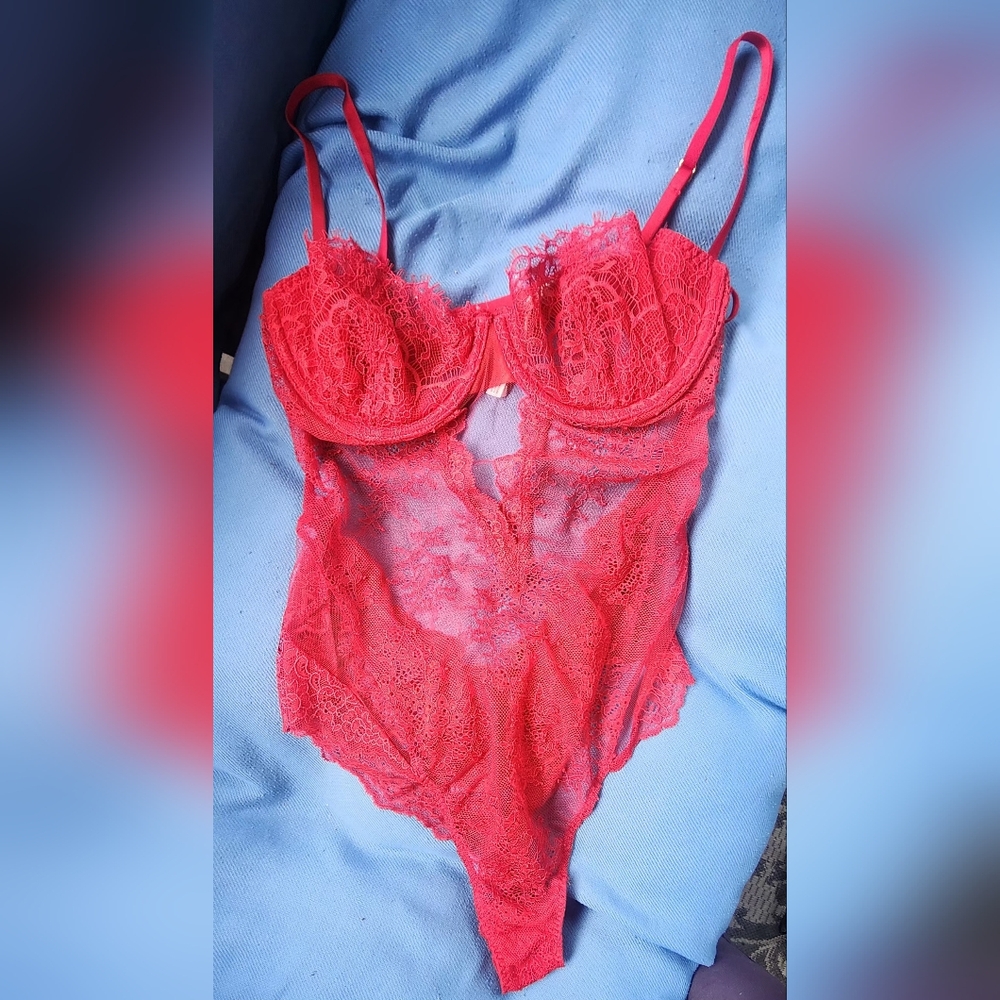NEVER WORN-Victoria's Secret, Red Lace Sexy Bodysuit Lingerie, Size MEDIUM
